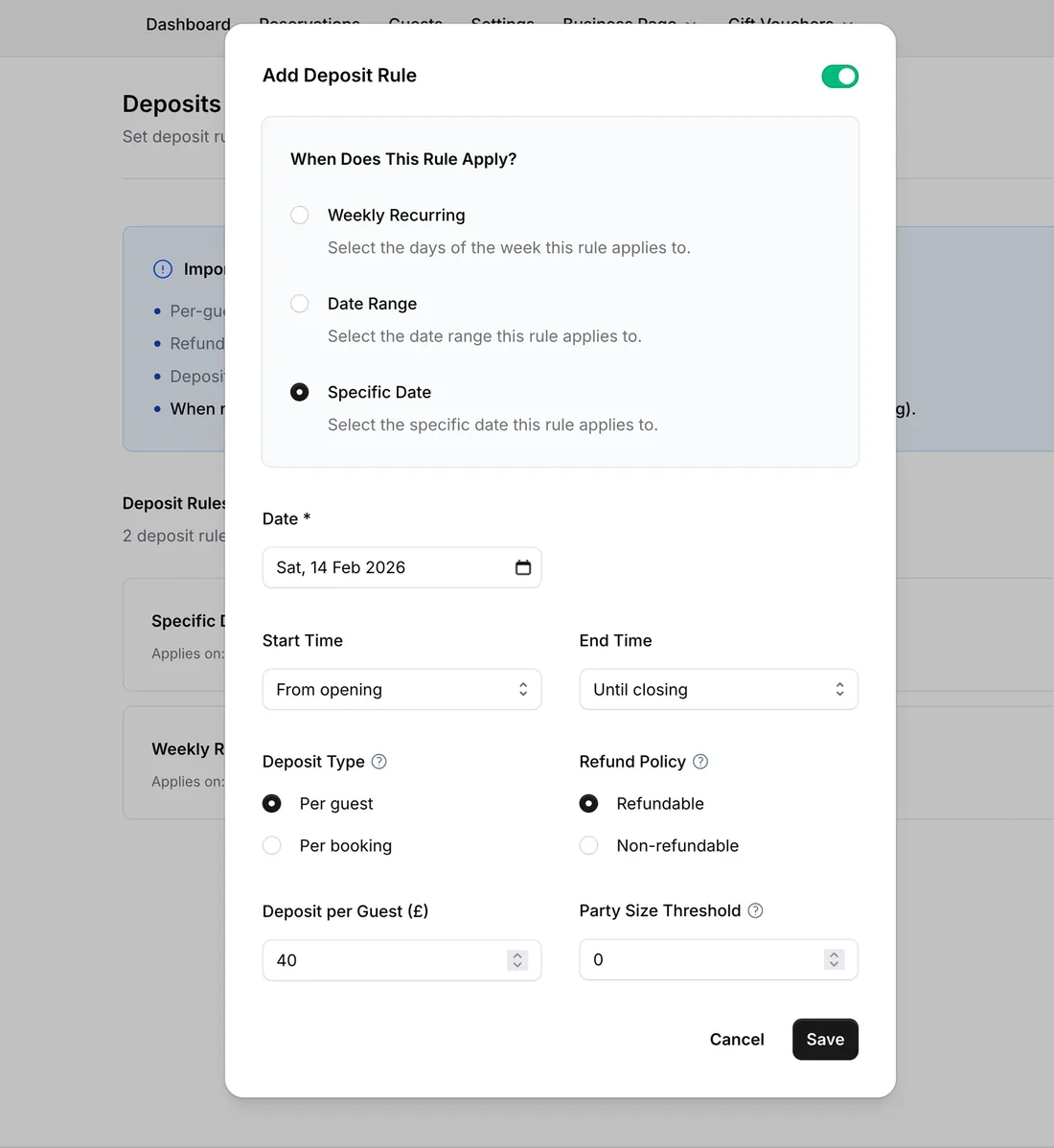 TableGo deposit rule settings with deposit type, refund policy and amount per guest.