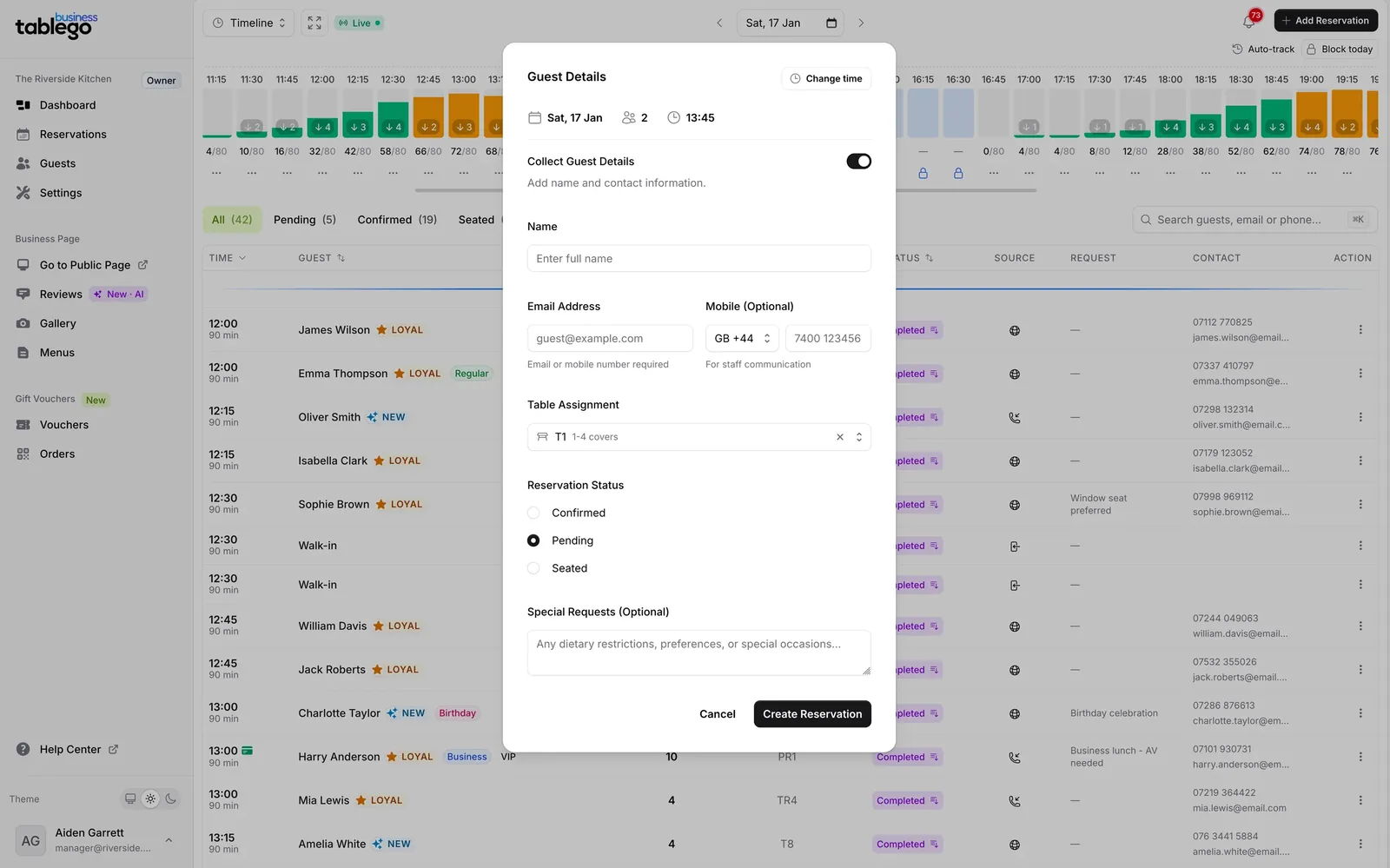 TableGo reservation diary showing covers by time and a new reservation form with table assignment, using demo data.