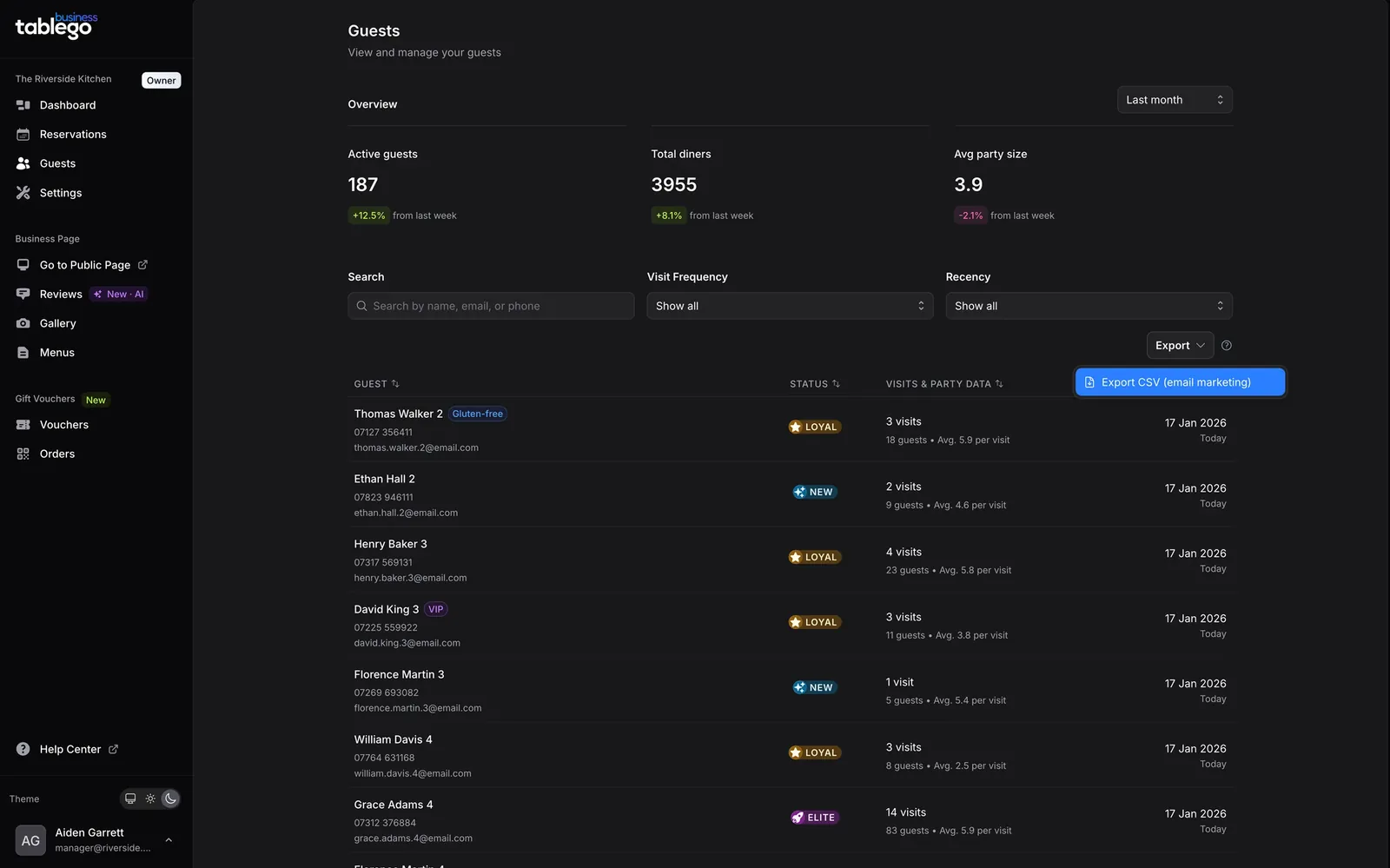 TableGo guest list with visit history, guest status tags and a CSV export menu, using demo data.