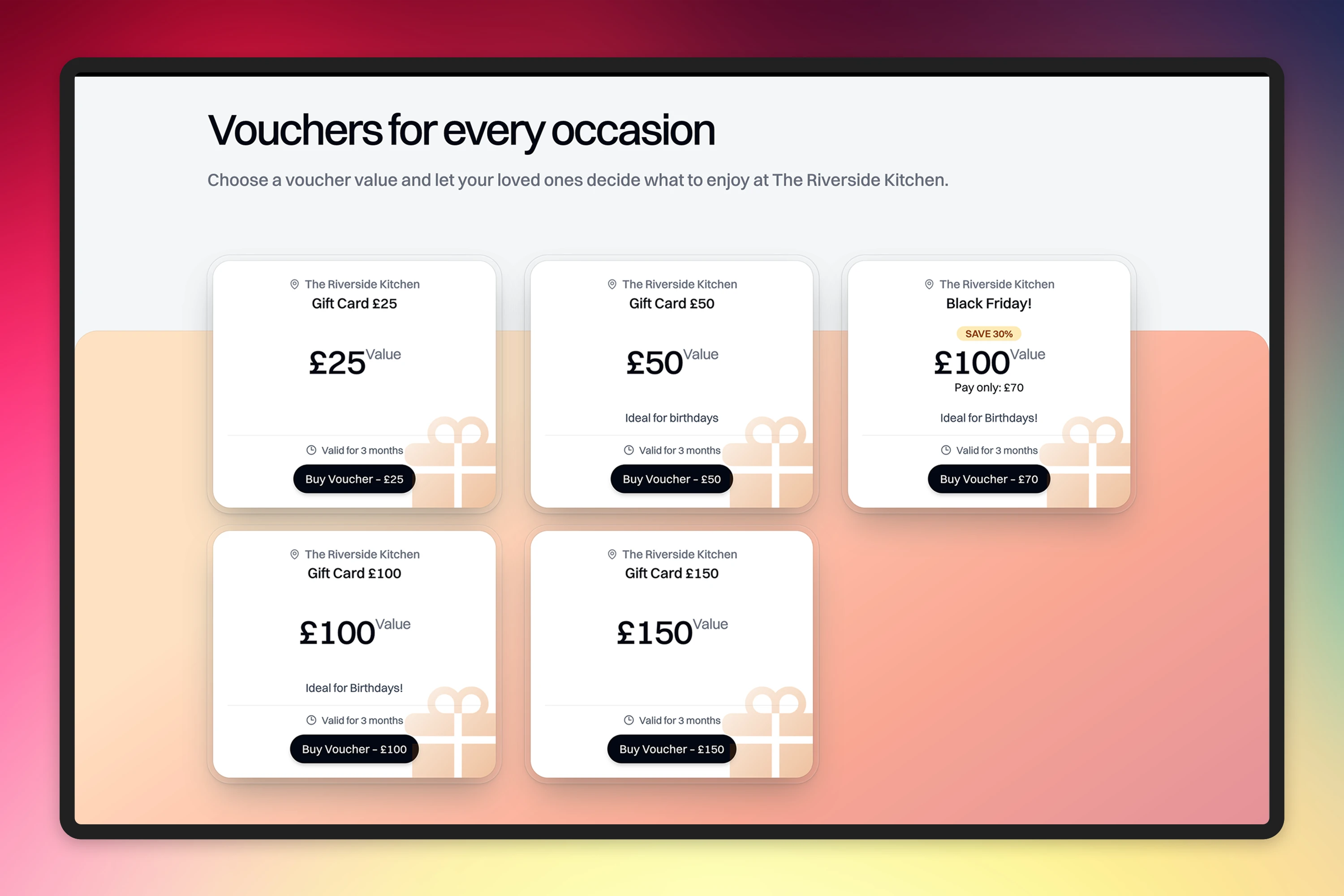 A restaurant’s voucher page with fixed-value gift cards and a promotional voucher where the guest pays £70 for £100 of value. Demo data.