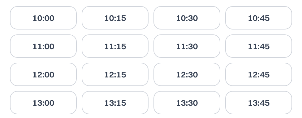Available times in the booking widget, 10:00 to 13:45 in 15-minute steps.