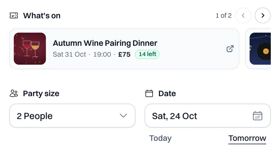 The top of the booking widget: What's on with the Autumn Wine Pairing Dinner, Sat 31 Oct, 19:00, £75, 14 left; then party size and date.