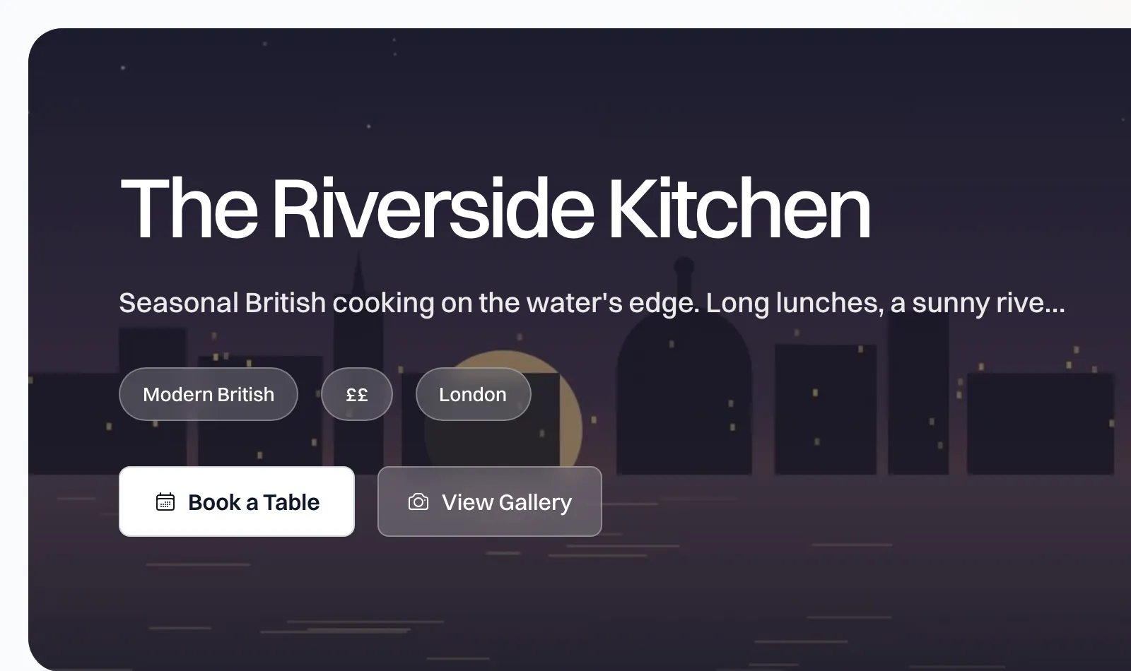 The Riverside Kitchen's TableGo page: the venue name over an illustrated riverside view, Modern British, London, with Book a Table and View Gallery.