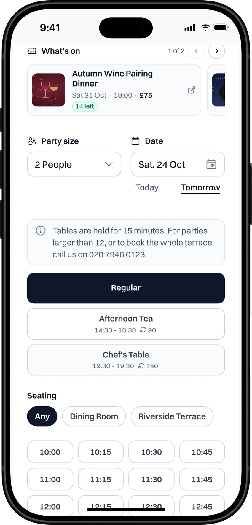 The booking widget on a phone for 2 people on Saturday 24 October: Regular, Afternoon Tea and Chef's Table as options, Seating chips for Any, Dining Room and Riverside Terrace, and the available times.