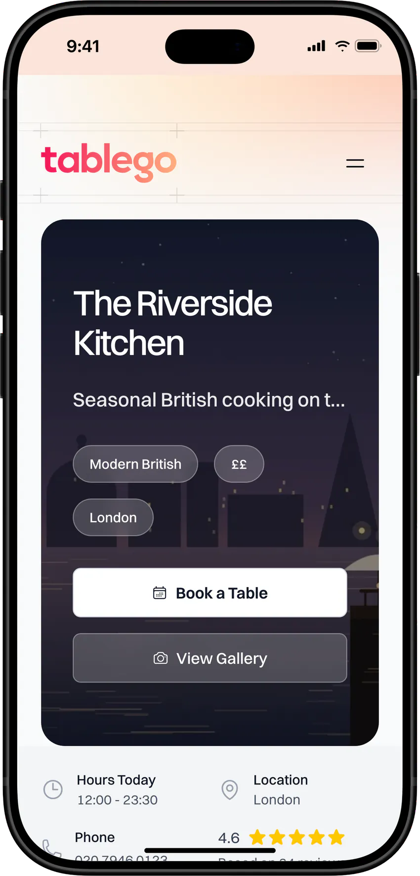 The Riverside Kitchen's TableGo page on a phone: Book a Table and View Gallery, then hours, location, phone and a 4.6 rating from 24 reviews.