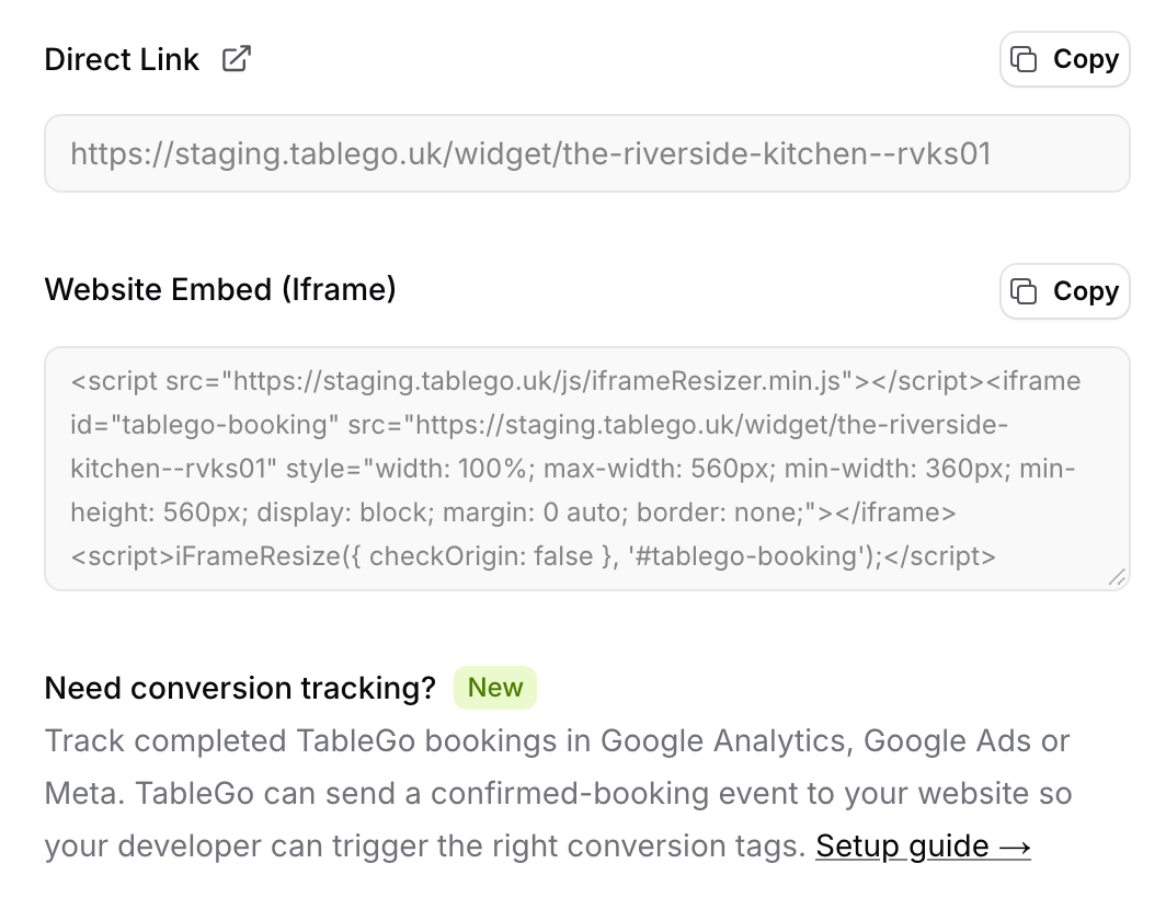 Website & Integrations, Booking Widget: Direct Link and Website Embed (Iframe), each with a Copy button, and Need conversion tracking?