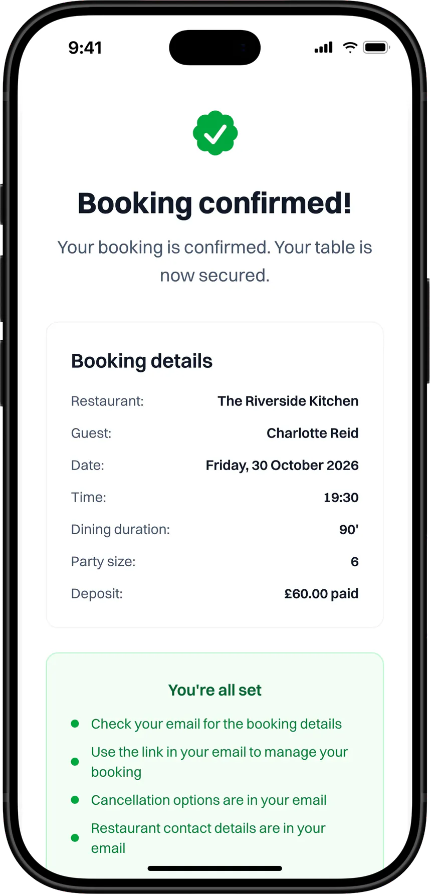 Booking confirmed on a phone: The Riverside Kitchen, Friday 30 October 2026 at 19:30, 6 guests.