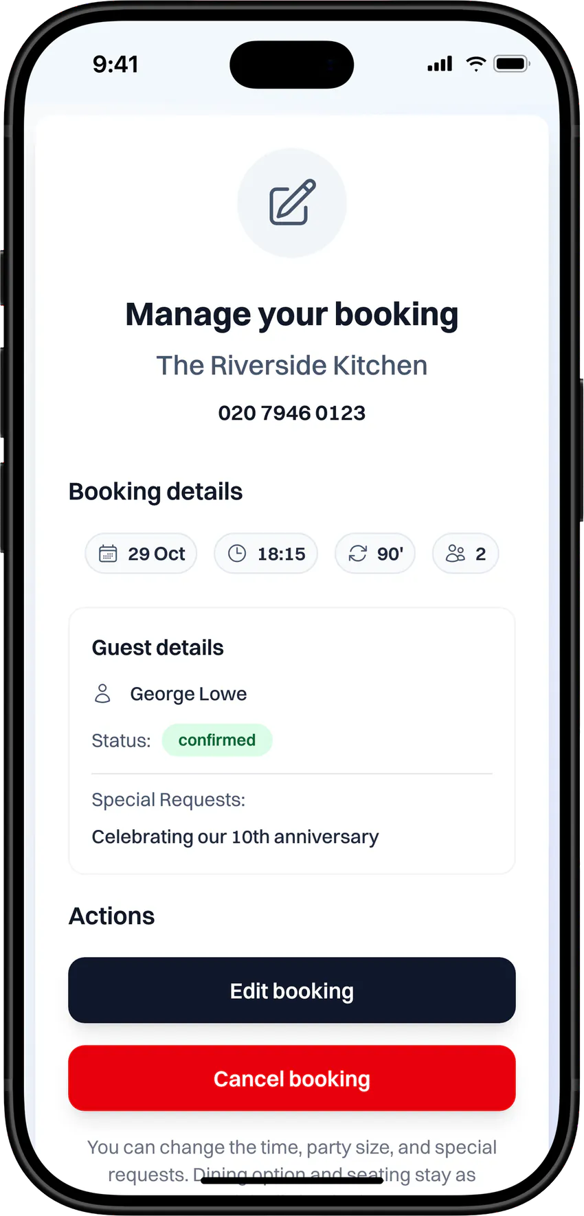 Manage your booking: 29 Oct at 18:15 for 2, with Edit booking and Cancel booking, and the note that changes must be made at least 120 minutes before.