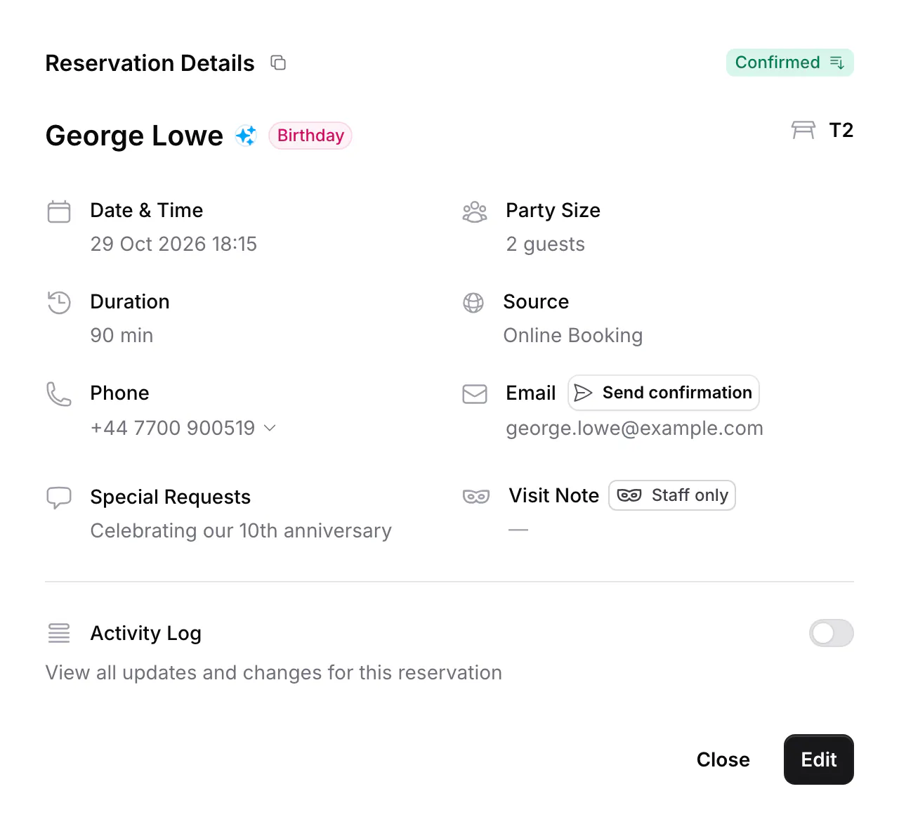 Reservation details for George Lowe, 29 Oct 2026 at 18:15 for 2: source Online Booking, phone, email and the special request Celebrating our 10th anniversary.