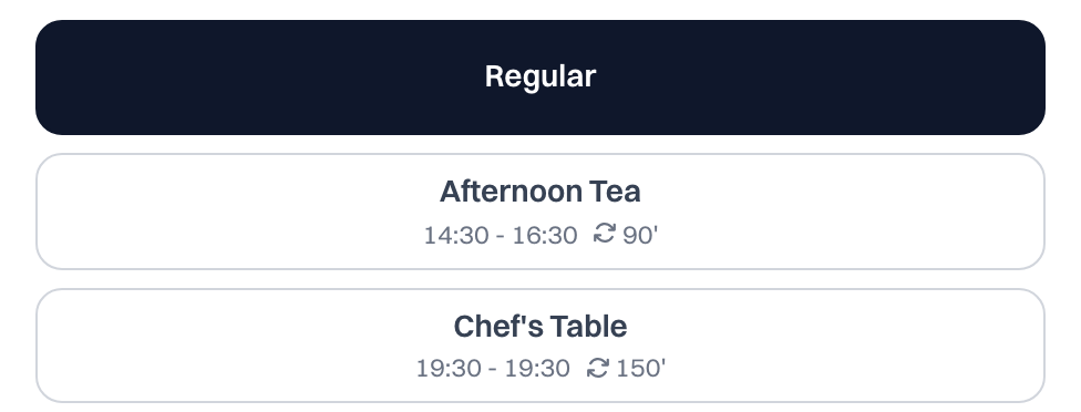 Dining options in the widget: Regular, Afternoon Tea 14:30 to 16:30 for 90 minutes, and Chef's Table at 19:30 for 150 minutes.