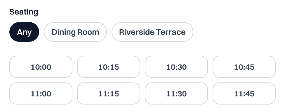 Seating in the widget: Any, Dining Room and Riverside Terrace, above the available times.