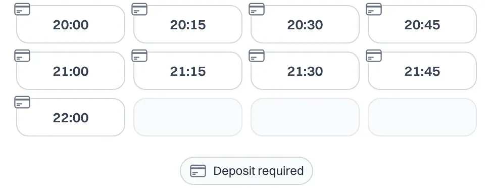 Evening times with a card icon and the legend Deposit required.