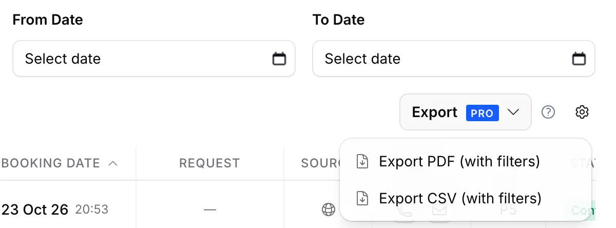 Reservations list with From Date and To Date filters and the Export menu open: Export PDF (with filters) and Export CSV (with filters).