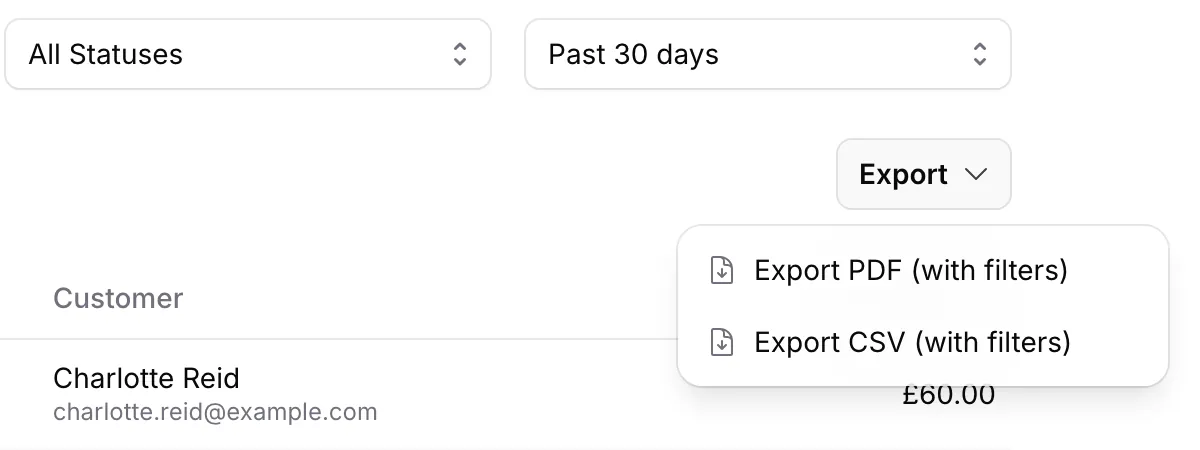 Payment Activity filtered to the past 30 days, with the Export menu open: Export PDF (with filters) and Export CSV (with filters).