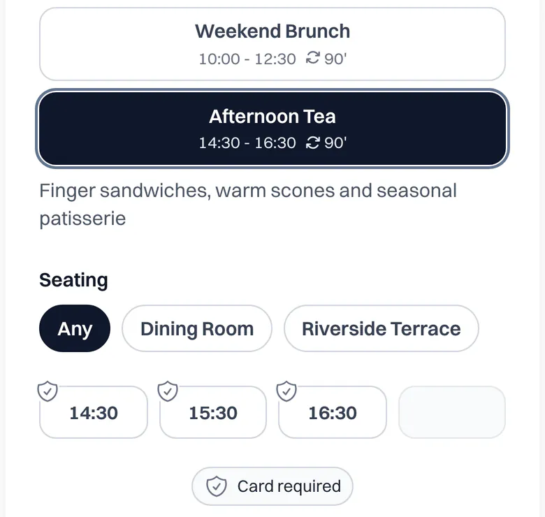 Booking widget with Afternoon Tea selected: its description, then only the 14:30, 15:30 and 16:30 sittings, marked Card required.