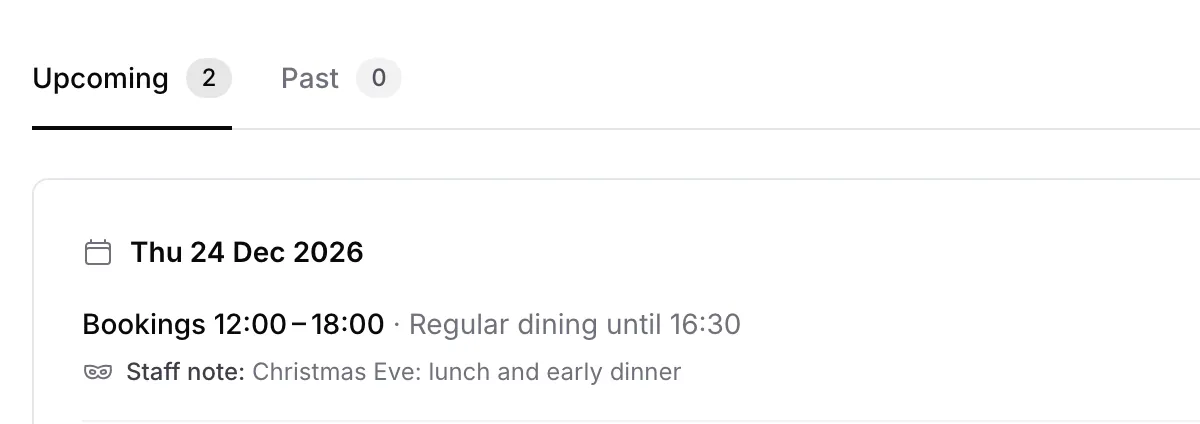 Special Dates settings: upcoming Thu 24 Dec 2026, bookings 12:00 to 18:00, regular dining until 16:30, staff note Christmas Eve: lunch and early dinner.