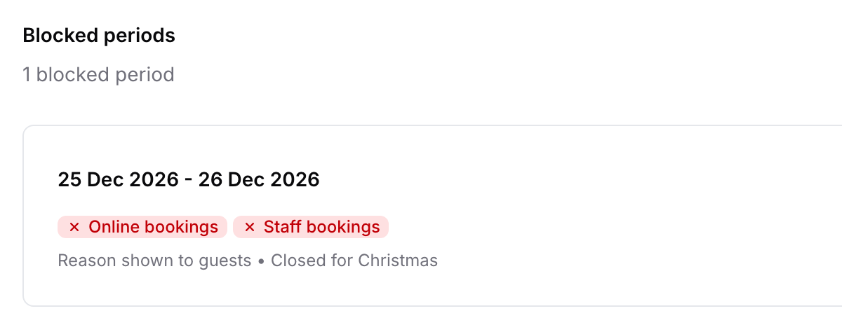 Blocked Dates settings: 25 Dec 2026 to 26 Dec 2026, online bookings and staff bookings closed, reason shown to guests: Closed for Christmas.