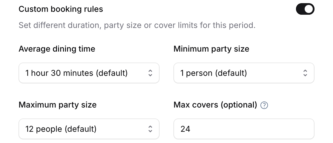 Custom booking rules on, not saved: average dining time 1 hour 30 minutes, minimum party size 1, maximum 12, max covers 24.