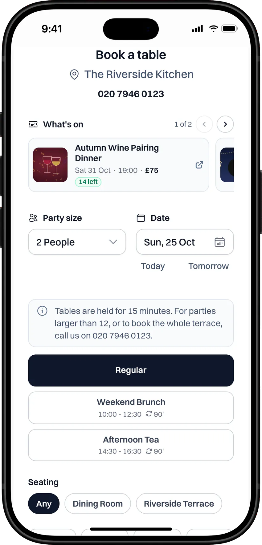 The Riverside Kitchen booking widget on a phone for 2 people on Sunday 25 October: Regular, Weekend Brunch and Afternoon Tea as separate options.