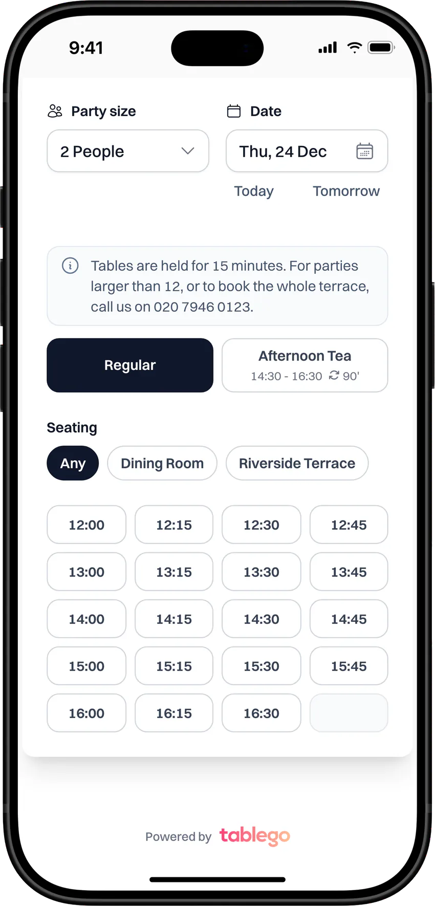 Booking widget for Thursday 24 December: Regular and Afternoon Tea, with regular times from 12:00 to 16:30.