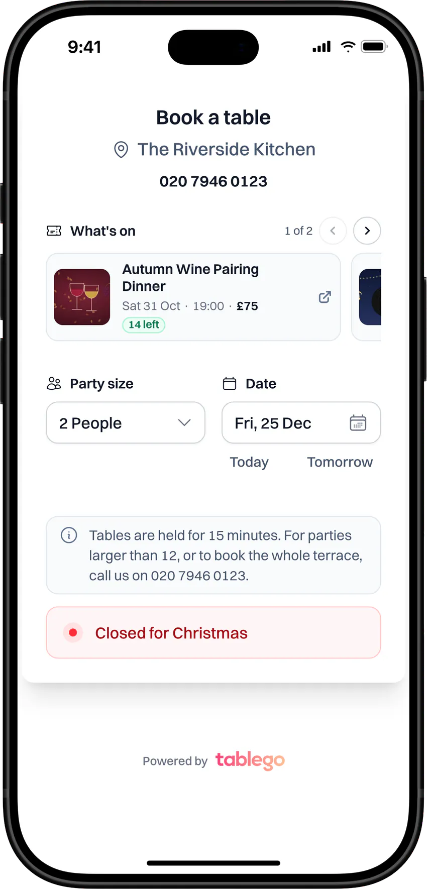 Booking widget for Friday 25 December: Closed for Christmas.