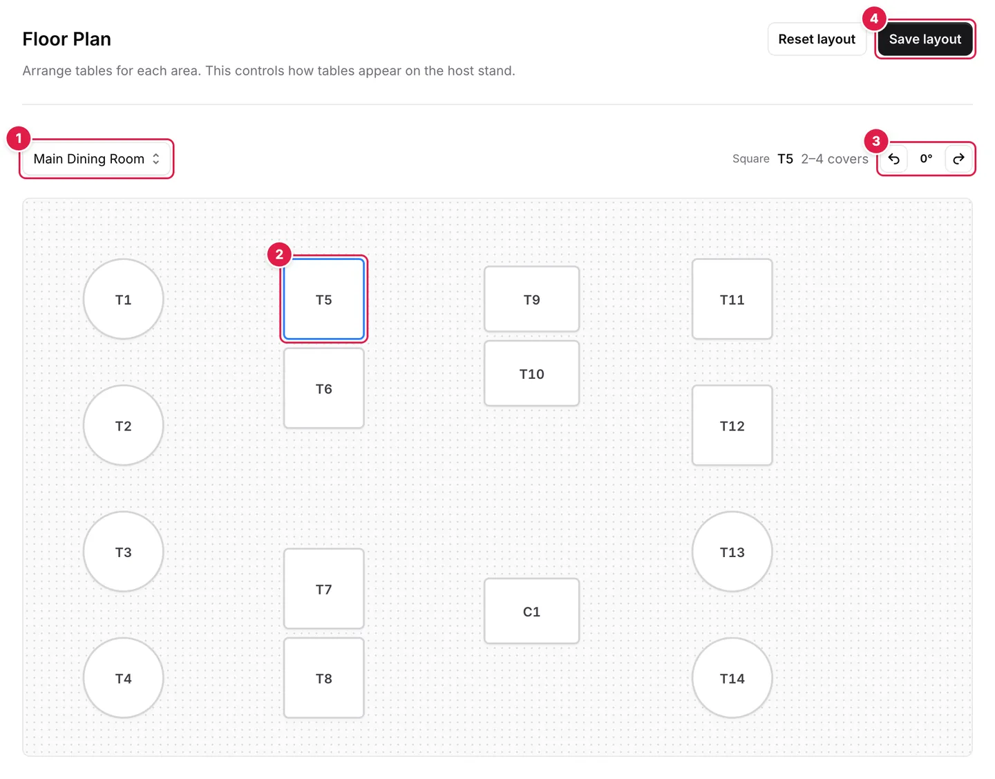Floor Plan settings for the Main Dining Room: the area menu, table T5 selected on the dot grid, the Rotate left 45° and Rotate right 45° buttons, and Save layout.
