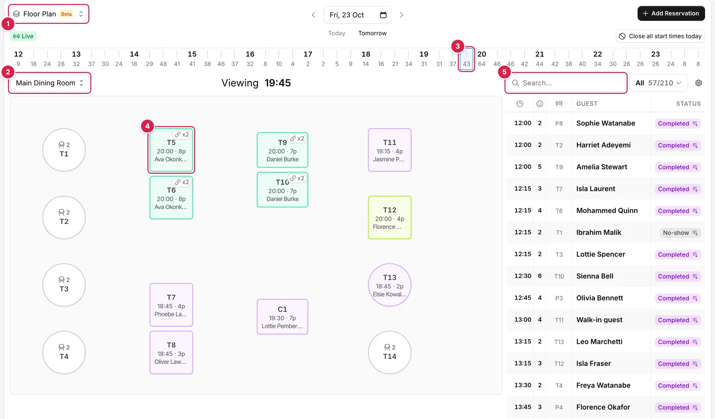 Dashboard in Floor Plan view at 19:45: the view menu, the area menu, the time strip, tables with their bookings and the day's reservation list.