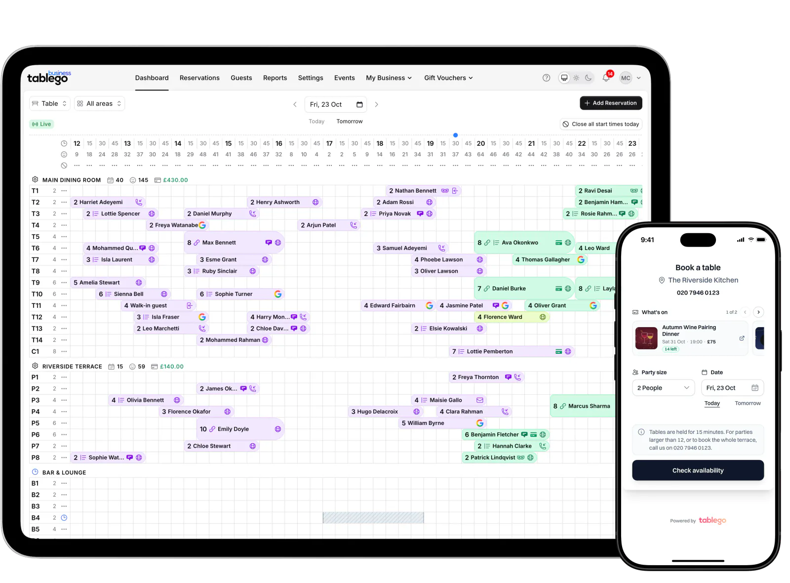 TableGo on an iPad and an iPhone: the table timeline for a Friday evening, and the booking page a guest sees.